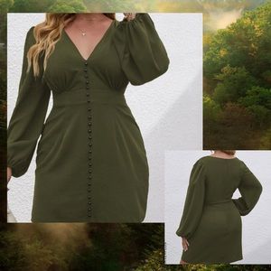 🍃 Olive Green Single breasted V-neck dress with black buttons 🍃